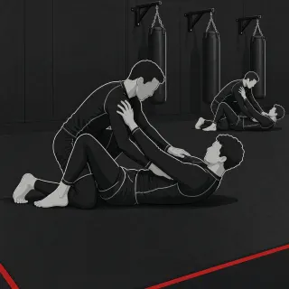 Ilustracja: trening brazylijskiego jiu-jitsu w Berserkers Team Rzeszów, jedna osoba przechodzi gardę partnera na macie
