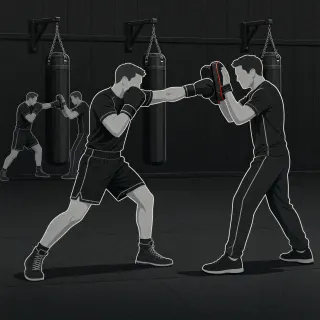 Ilustracja: trening boksu w Berserkers Team Rzeszów, zawodnik uderza w łapy trzymane przez trenera