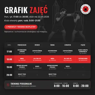 Grafik zajęć Berserkers Team Rzeszów: tabela treningów od poniedziałku do piątku i godziny treningów personalnych