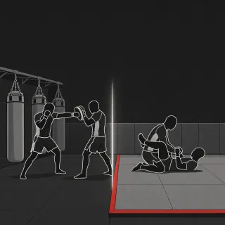 Ilustracja: sala Berserkers Team Rzeszów podzielona na dwie strefy, praca na tarczach przy workach i walka w parterze na macie