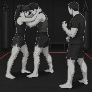 Ilustracja: nauka klinczu na treningu Muay Thai, dwie osoby ćwiczą zwarcie, trener obok tłumaczy ustawienie