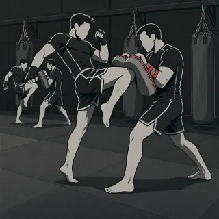 Ilustracja: trening Muay Thai w Berserkers Team Rzeszów, zawodnik kopie w tarcze trzymane przez trenera, w tle worki treningowe