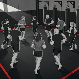 Ilustracja: grupa dorosłych rozgrzewa się truchtem na macie w sali Berserkers Team Rzeszów, w tle worki treningowe