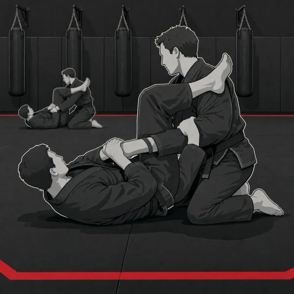 Ilustracja: trening brazylijskiego jiu-jitsu w kimonie w Berserkers Team Rzeszów, jedna osoba zakłada dźwignię na ramię z gardy