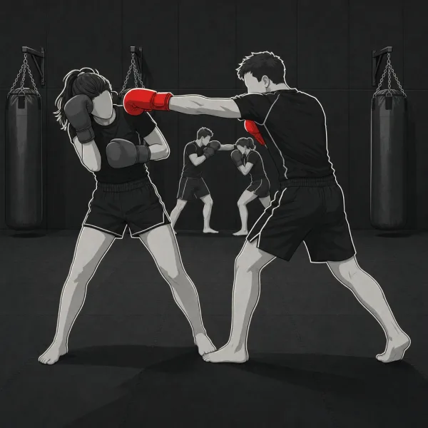 Ilustracja: trening bokserski w Berserkers Team Rzeszów, jedna osoba zadaje prosty cios, druga unika go zejściem z linii i kontruje na korpus