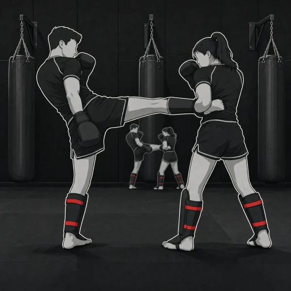 Ilustracja: trening kickboxingu w Berserkers Team Rzeszów, jedna osoba zadaje kopnięcie okrężne na korpus, druga blokuje je zasłoną