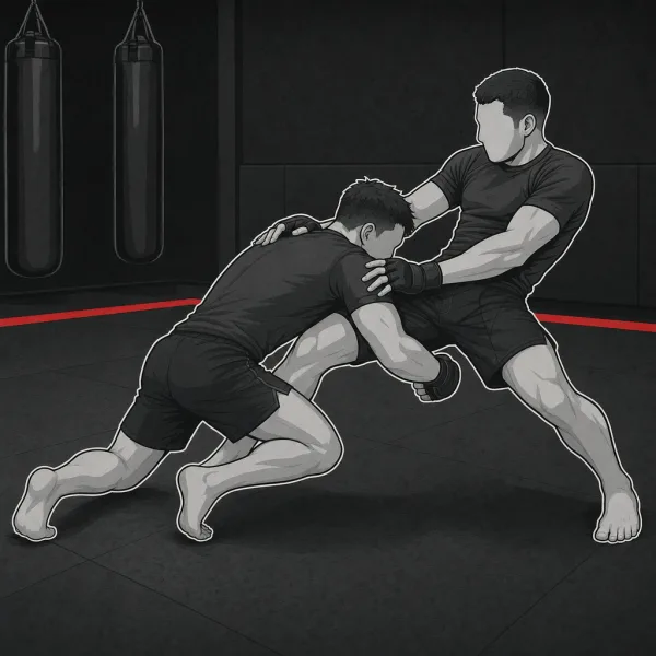 Ilustracja: trening MMA w Berserkers Team Rzeszów, jedna osoba wchodzi w sprowadzenie, druga broni się sprawlem
