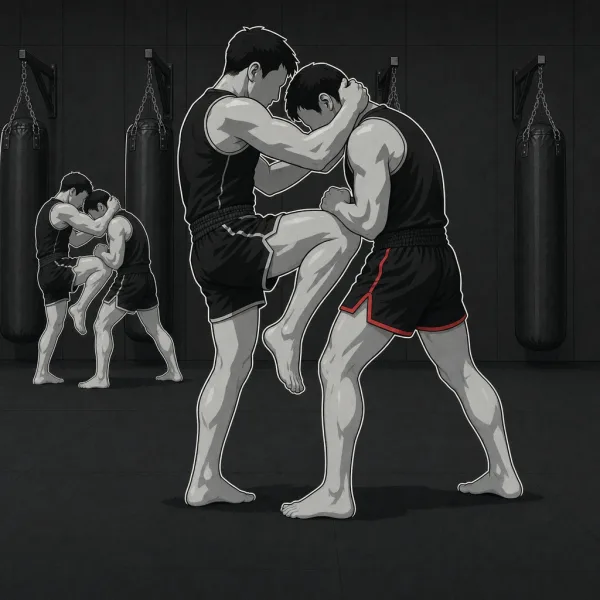 Ilustracja: trening Muay Thai w Berserkers Team Rzeszów, zawodnik w klinczu zadaje uderzenie kolanem w korpus partnera